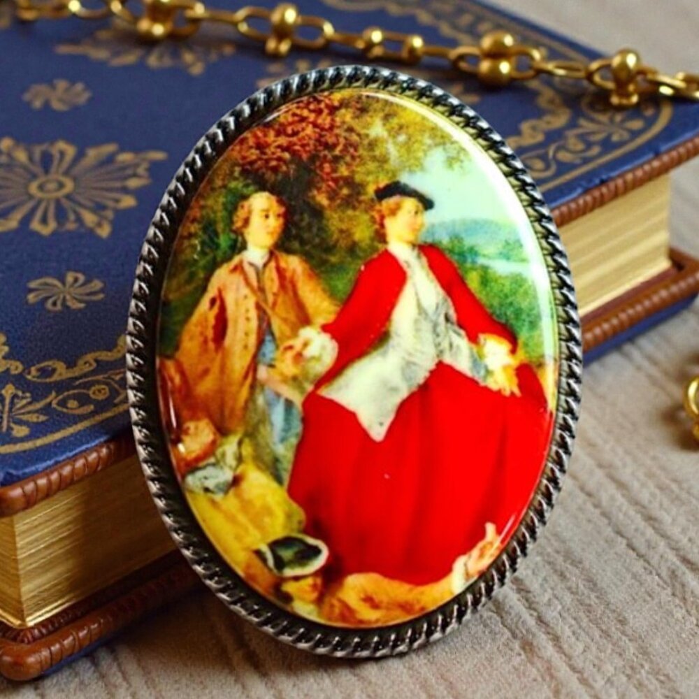💞💗 Vintage West German Silver Porcelain Cameo Courting Couple Brooch Clip